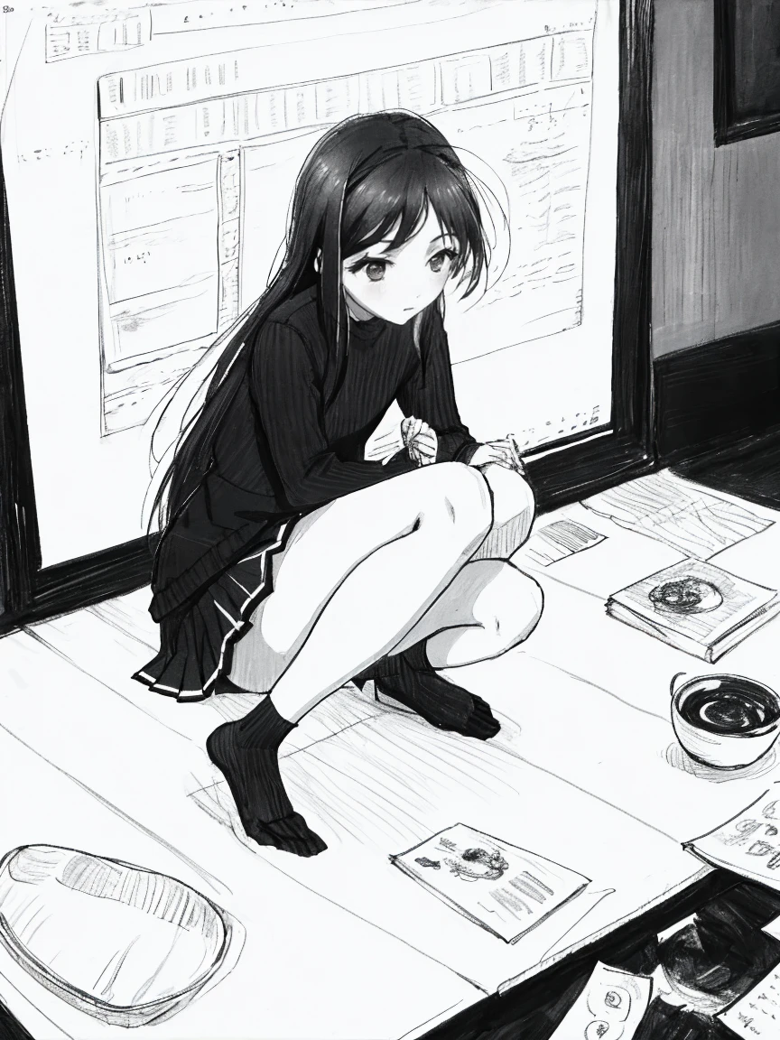 One Girl,Line art,Monochrome,sketch,Pencil drawing,Traditional Media,One Girl, Upper body,She's in trouble,pattern,sweater,Beaver ,Delicate body、mini skirt、black tights、Open leg pose、, Long sleeve, With legs apart, alone、(Cute Teenage Girl, alone),Beautiful portrait、Respect、Crying face、Seeking help、Black-haired、