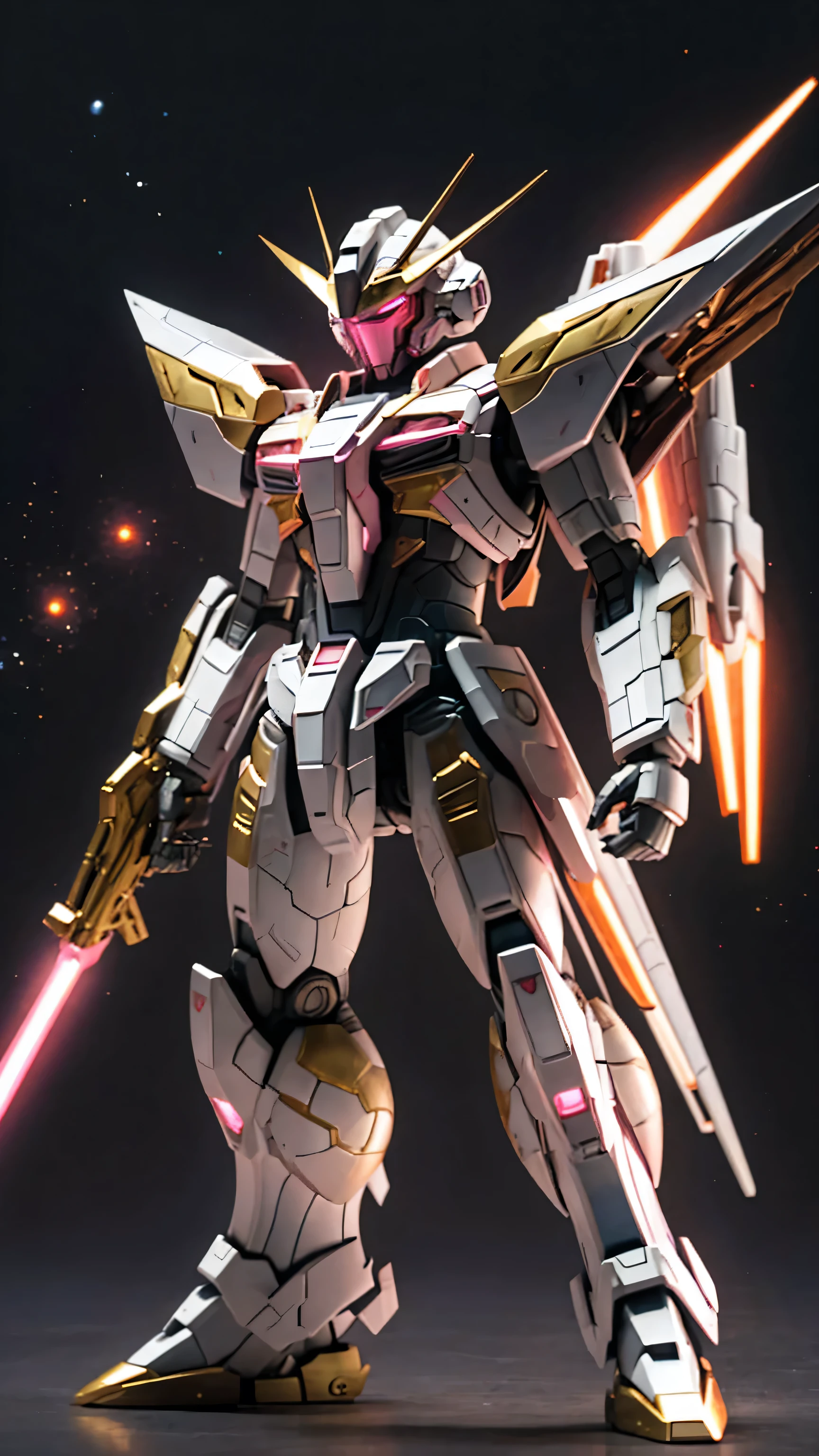 universe space、Pink light effect covers the whole body of the aircraft、Strike Freedom、front、universe spaceに浮いている、The round gold particles surround the aircraft.、He holds a rifle in his right hand and a beam saber in his left hand
