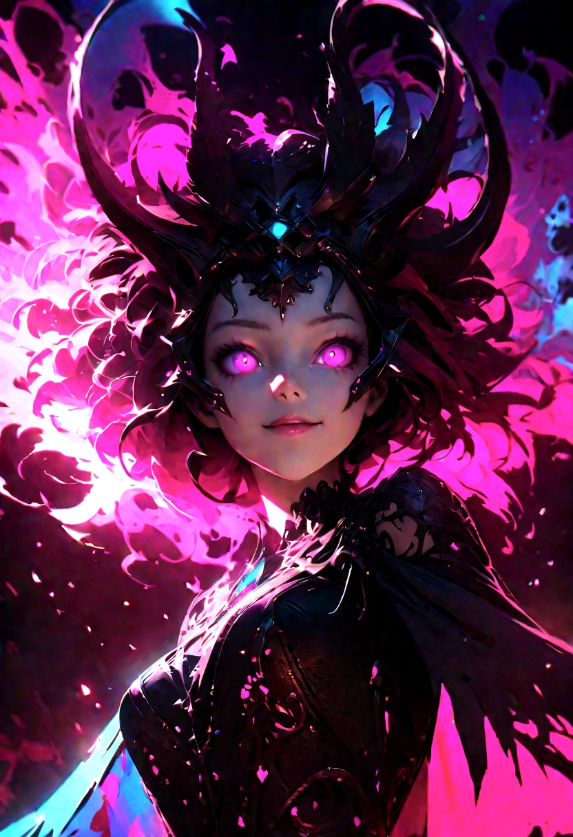 a portrait of a monster girl with a wide, sly smile with all of her pitch-black eyes facing upwards, scary , ultra wide-angle, Grainy , mysterious color , infrared lighting . Super detailed, photorealistic, splattered, spattered , cinematic light , black background , Cycles render, intricate artwork masterpiece , dreamy, glowing, backlit, glamour, vibrant, ultra high quality model, 4K