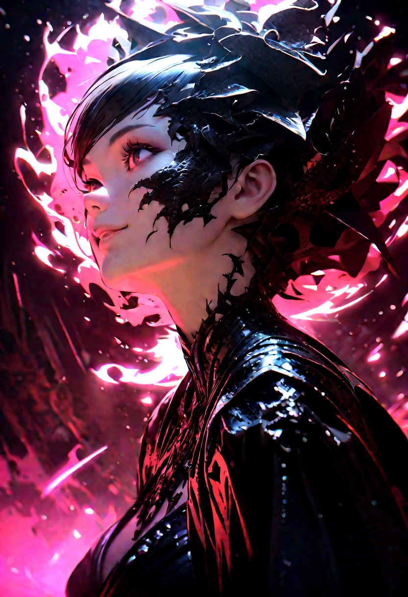 a portrait of a monster girl with a wide, sly smile with all of her pitch-black eyes facing upwards, scary , ultra wide-angle, Grainy , mysterious color , infrared lighting . Super detailed, photorealistic, splattered, spattered , cinematic light , black background , Cycles render, intricate artwork masterpiece , dreamy, glowing, backlit, glamour, vibrant, ultra high quality model, 4K