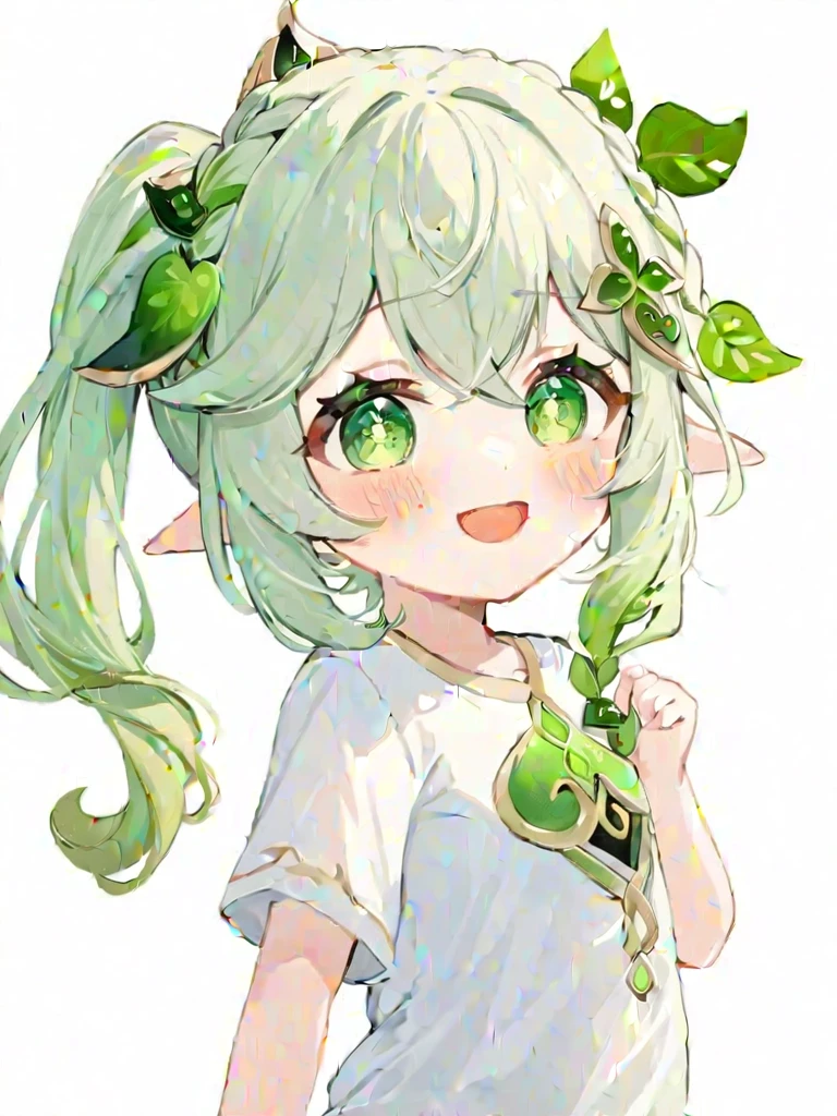 ï¼nahida_\(genshin_impact\), 1girl, green_eyes, pointy_ears, shirt, multicolored_hair, white_hair, white_shirt, side_ponytail, simple_background, short_sleeves, white_background, smile, green_hair, hair_ornament, symbol-shaped_pupils, braid, blush, long_hair, alternate_costume, bangs, t-shirt, gradient_hair, open_mouth, leaf_hair_ornament, female_child, hair_between_eyes