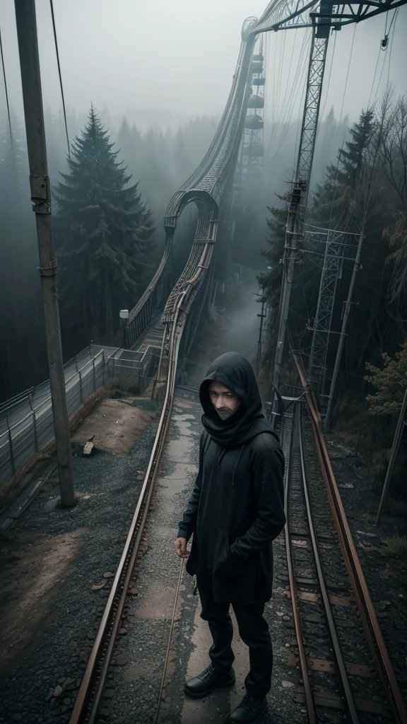 man in loose, lightweight black clothing, wearing a prominently visible balaclava, hanging by one hand from the peak of a roller coaster loop, mist swirling around, broken rails and rust, eerie atmosphere, sense of mystery and solitude, suspenseful mood, viewed from above, looking down the loop, wide-angle lens, soft, diffused lighting
