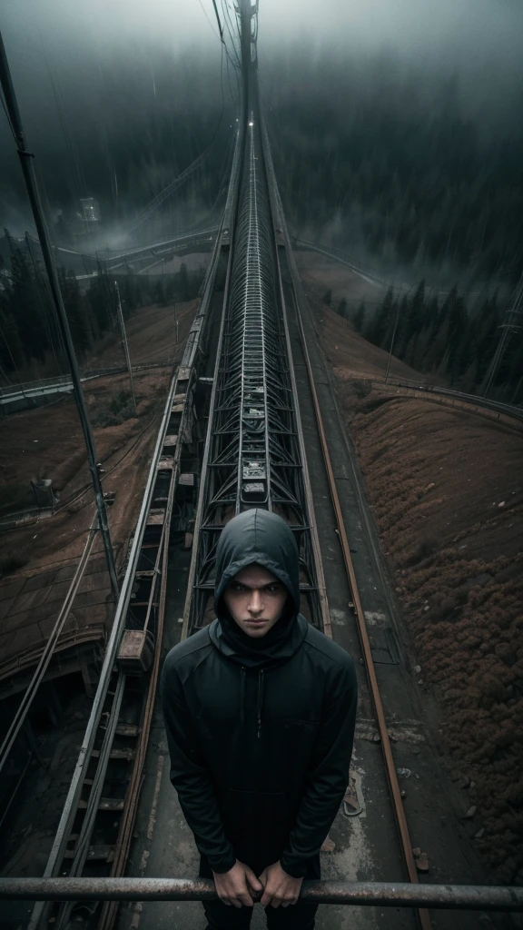 man in loose, lightweight black clothing, wearing a prominently visible balaclava, hanging by one hand from the peak of a roller coaster loop, mist swirling around, broken rails and rust, eerie atmosphere, sense of mystery and solitude, suspenseful mood, viewed from above, looking down the loop, wide-angle lens, soft, diffused lighting