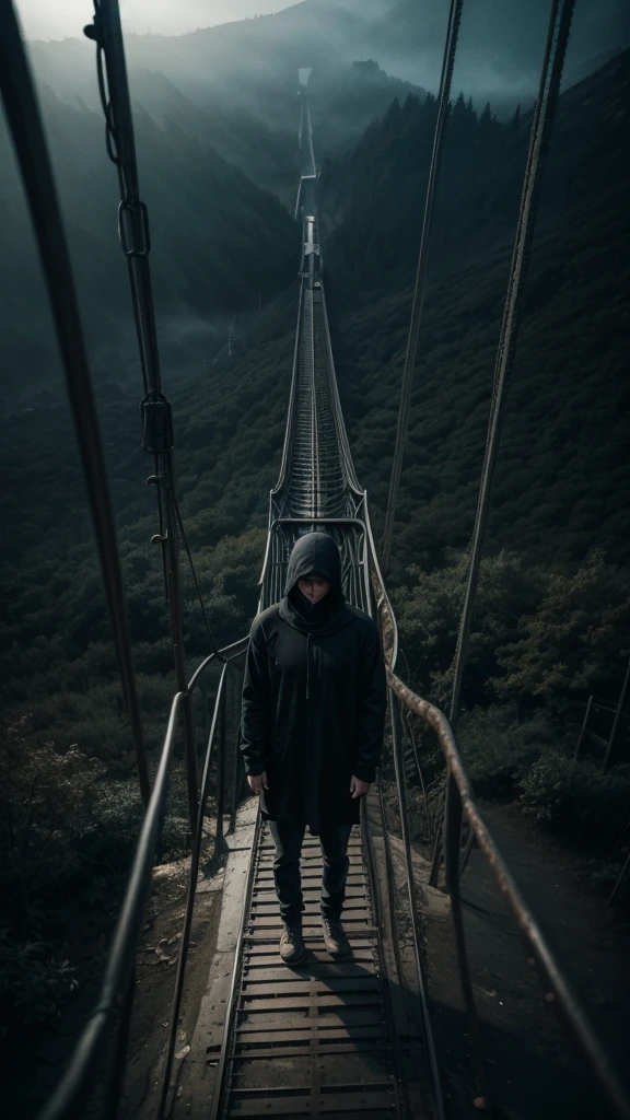 solitary figure in flowing lightweight black garments and a clearly visible balaclava, gripping the top of a loop on a decrepit roller coaster, dense fog obscuring the ground below, rusted metal and overgrown plants, foggy ambiance, aura of mystery and loneliness, suspenseful and haunting, seen from below looking up at the loop, normal lens, ambient diffused light