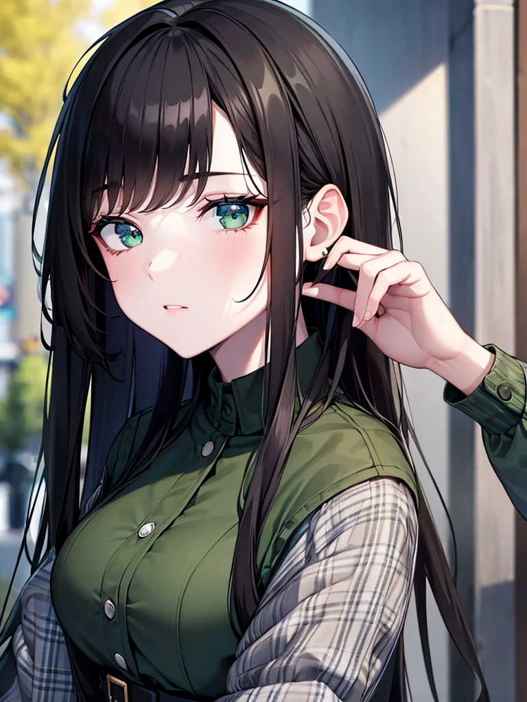 (8K, Best Quality, Masterpiece, Ultra High Resolution) 1 Girl, Woman, Beautiful Eyes, Face Details, Dark Black Hair, Long Hair, Green Eyes, Pale Skin, Black Shirt, Denim Jacket, Plaid Skirt, Cafe, Tokyo, Best Quality, Upper Body, Looking at the Viewer, Facing Viewer, Close Up