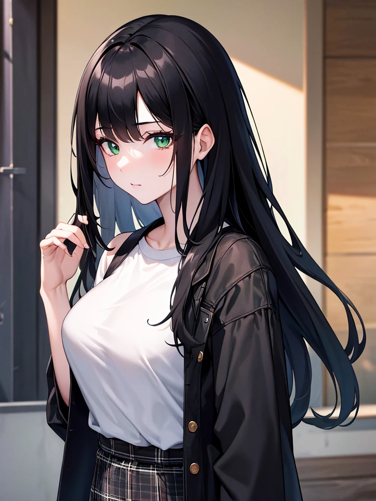 (8K, Best Quality, Masterpiece, Ultra High Resolution) 1 Girl, Woman, Beautiful Eyes, Face Details, Dark Black Hair, Long Hair, Green Eyes, Pale Skin, Black Shirt, Denim Jacket, Plaid Skirt, Cafe, Tokyo, Best Quality, Upper Body, Looking at the Viewer, Facing Viewer, Close Up