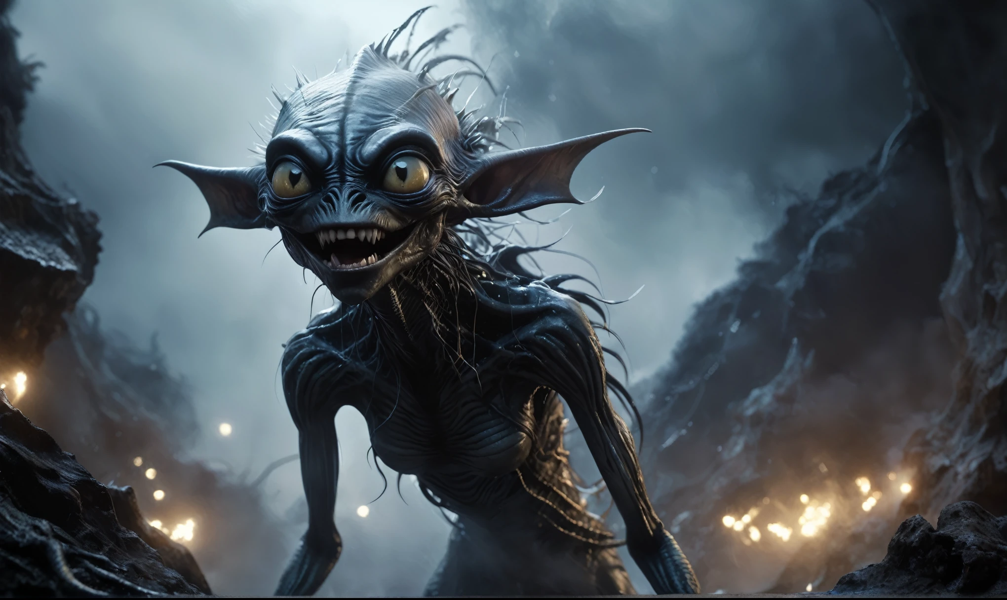 full body length,niobium goblin,native africa xenomorph,once pretty face,eyebrow up,full body shot,ominous landscape,niobium gray atmosphere,photo,photorealism,Masterpiece,natural skin textures, hyper realism,hyper detailed,High contrast,Realism,Ultra Detailed,irina yermolova,close full body shot,32K resolution,Nikon Z9, ,demonic, dust, smoke, audience, mist, featuring ultra-realistic and hyper-realistic elements,
Marta Bevacqua, Ellen Jewett, Kawacy, Katsuya Terada, Carne Griffiths, explosive lightning, concert lighting, bokeh, luminal space that feels
both bright and surreal. Includes liquid fluid elements for added depth and movement. Rendered in an unreal
engine and post-processed to achieve . Evokes a sense of dreamy, ethereal
and mystical mood,horror pixar movie still,thriller disney movie ,pixar render, animated