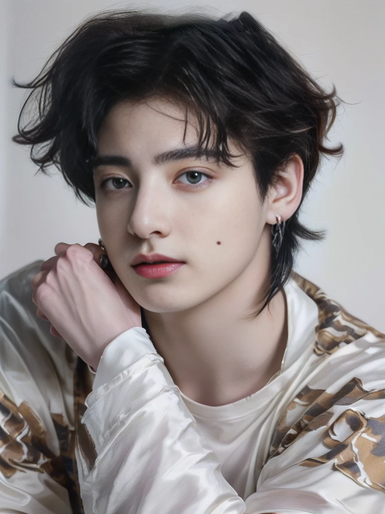A closeup of a young man with a messy haircut, Timotee Chalamet, jeon jungkook, portrait of Timotee Chalamet, cute androgynous prince, delicate androgynous prince, jungkook, high-quality portrait, beautiful young model, androgynous man, beautiful young man, Beautiful young man, jungkook from bts, Tommy 1 6 years, perfect face and boy, editorial model, Jeon Jungkook from bts 