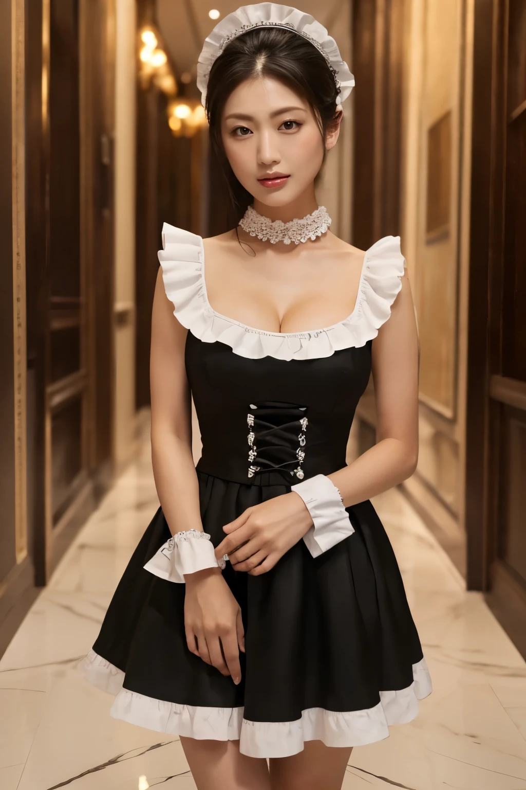 (Highest quality、masterpiece、8K、Best image quality、Hyperrealism、Award-winning works)、One maid、(Gorgeous Victorian Black and White Maid Dress:1.1)、(A black and white maid outfit with a long frilly skirt:1.1)、(Gorgeous black and white maid dress with exquisite detailing:1.1)、(Standing in the entrance lobby of the most elegant and luxurious luxury hotel:1.1)、(Staring at me:1.1)、Upper body photo、Accurate anatomy、Cleavage、Big Breasts、Accentuate your body lines、Natural Makeup、Ultra-high definition glossy skin、Ultra-high definition, radiant skin、Ultra-high definition glossy lips