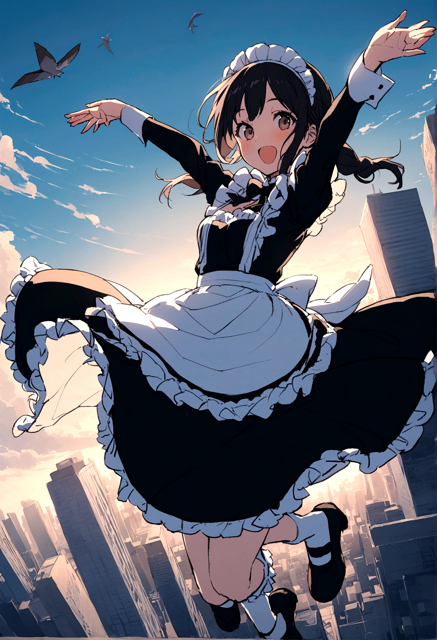 City、走るようなJump、Running pose、Masterpiece、Landscapeの、Landscape、Landscapeのメイド、ビルの上をJump、From Lawn Angle、Maid clothes、beautiful girl、Maid Costume、Frills fluttering in the wind、ビルの合間をJumpする、there is a man that is Jumping in the air with a kite, Leap into the air, Jump pose, Jumping towards viewer, horizontally Leap!!!, Jumping for joy, Leap, Aerial浮揚, Rise from the ground, Leap towards viewer, ultra - high Jump, Jumping, Leap with arms up, Aerial, Jump、skyscraper、City、Tokyo