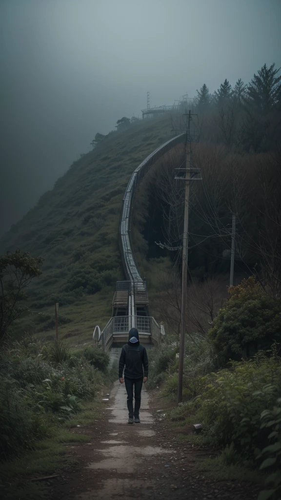 solitary figure in flowing lightweight black garments and a clearly visible balaclava, gripping the top of a loop on a decrepit roller coaster, dense fog obscuring the ground below, rusted metal and overgrown plants, foggy ambiance, aura of mystery and loneliness, suspenseful and haunting, seen from below looking up at the loop, normal lens, ambient diffused light