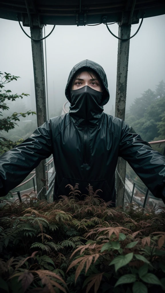 solitary figure in flowing lightweight black garments and a clearly visible balaclava, gripping the top of a loop on a decrepit roller coaster, dense fog obscuring the ground below, rusted metal and overgrown plants, foggy ambiance, aura of mystery and loneliness, suspenseful and haunting, seen from below looking up at the loop, normal lens, ambient diffused light