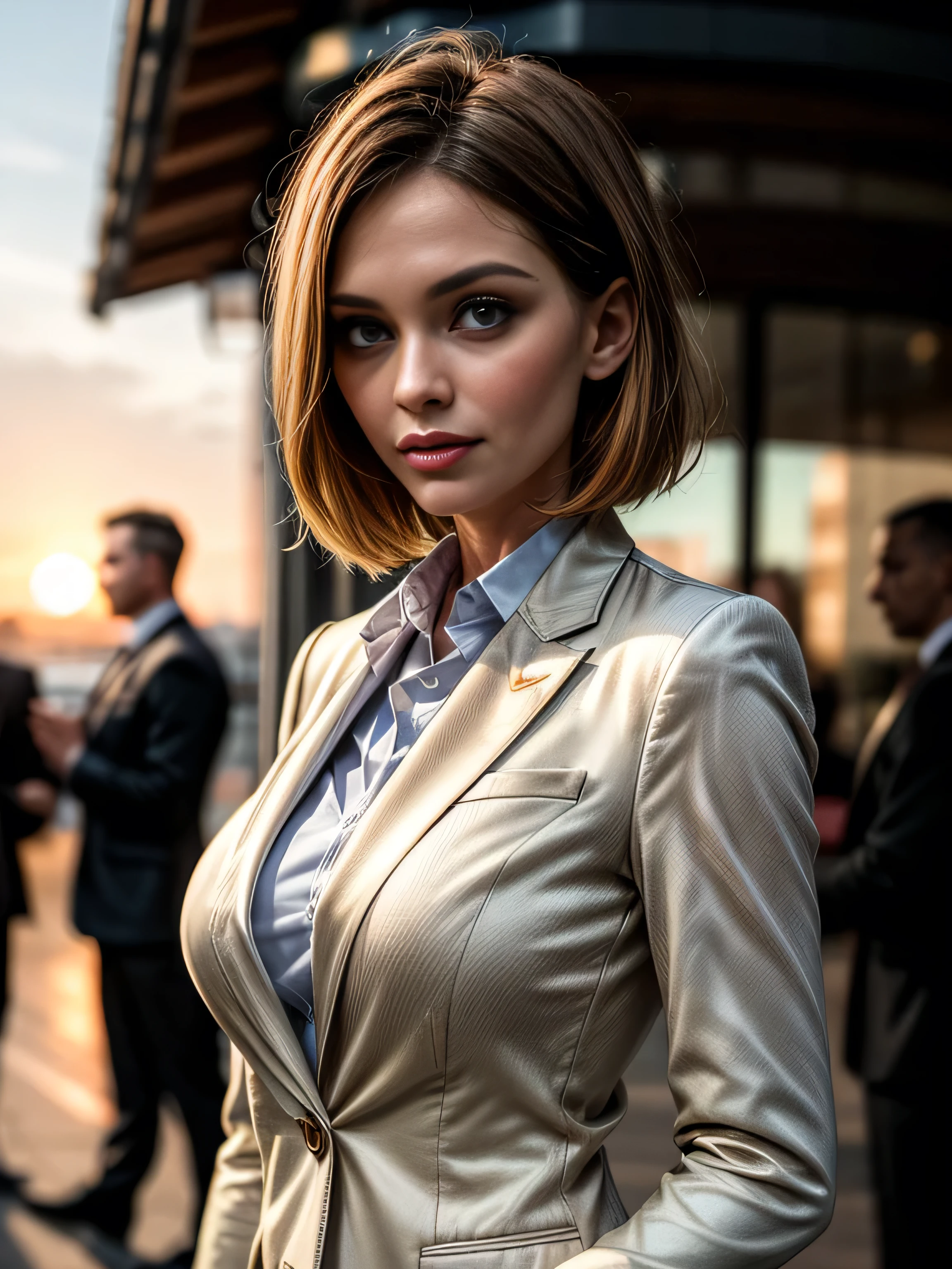 (masterpiece, photorealistic:1.4, extremely intricate:1.3, radiosity, photon mapping, dtx), ((40 year old supermodel, ((business suit, black suit coat, beige silk men's business shirt, serious, 45 years old)), long eyelashes, makeup:1.3)), ((([skin detail:freckles:0.8], portrait, closeup))), outdoor, park, faraway city, professional photograph mature woman, (short bob hair [dark hair:bright ginger hair:0.4], wind), BREAK ((sunset), bokeh, blurry background), BREAK, ((([small breasts:large breasts:0.3])))