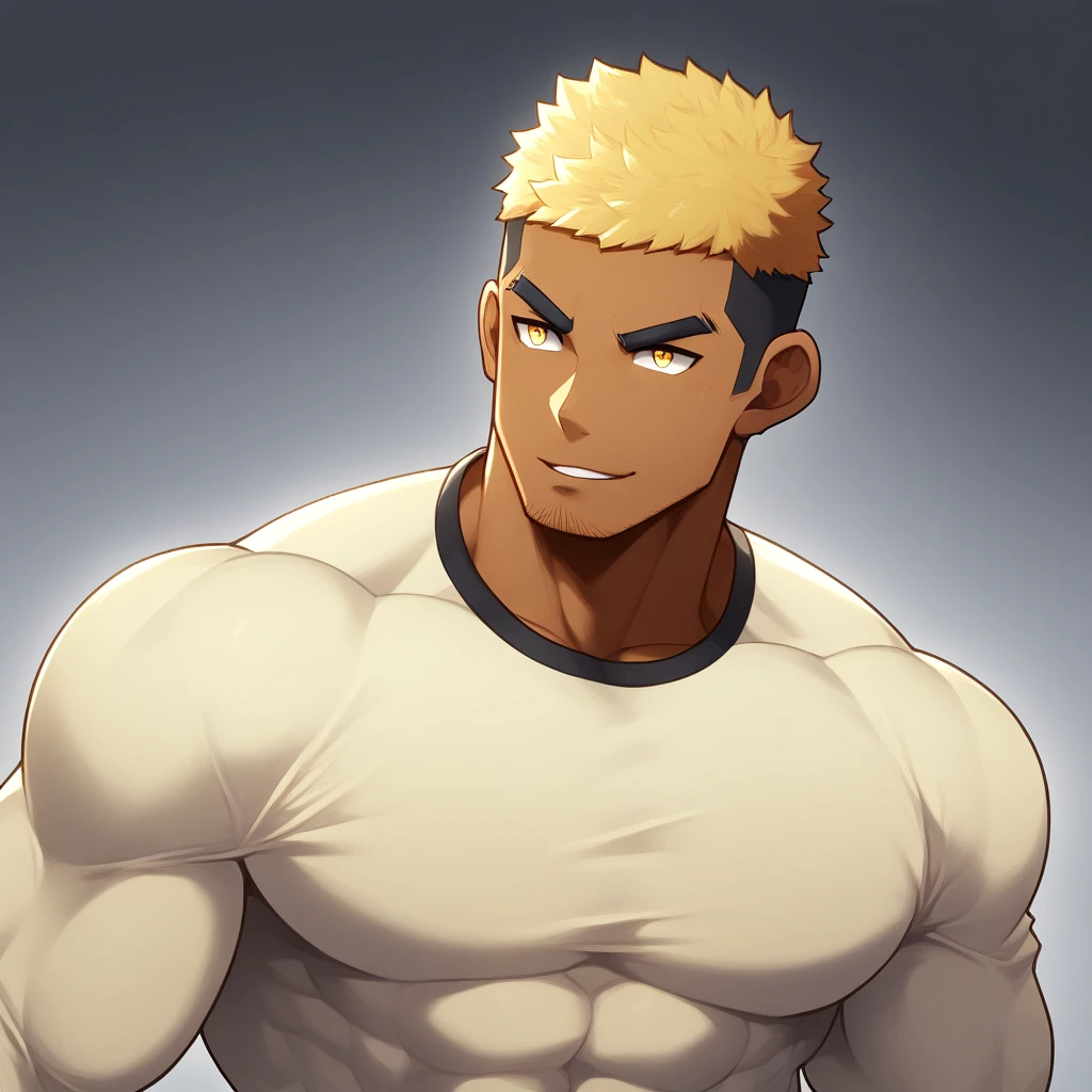 anime characters:Gyee, Muscle Sports Student, negro black skin, 1 dark skin muscular tough guy, Manliness, male focus, Light yellow high collar long sleeve tight T-shirt, Very tight, Round, full and perky chest muscles, Slightly transparent, muscular male, muscular, only, Upper body, alone, Black short hair, Thick eyebrows, stubble, Yellow eyes, Grey background, simple background, amazing quality, best aesthetics, Ridiculous, bright pupils, crew cut, parted lips, seductive smile, torogao, naughty face, drop shadow, best quality