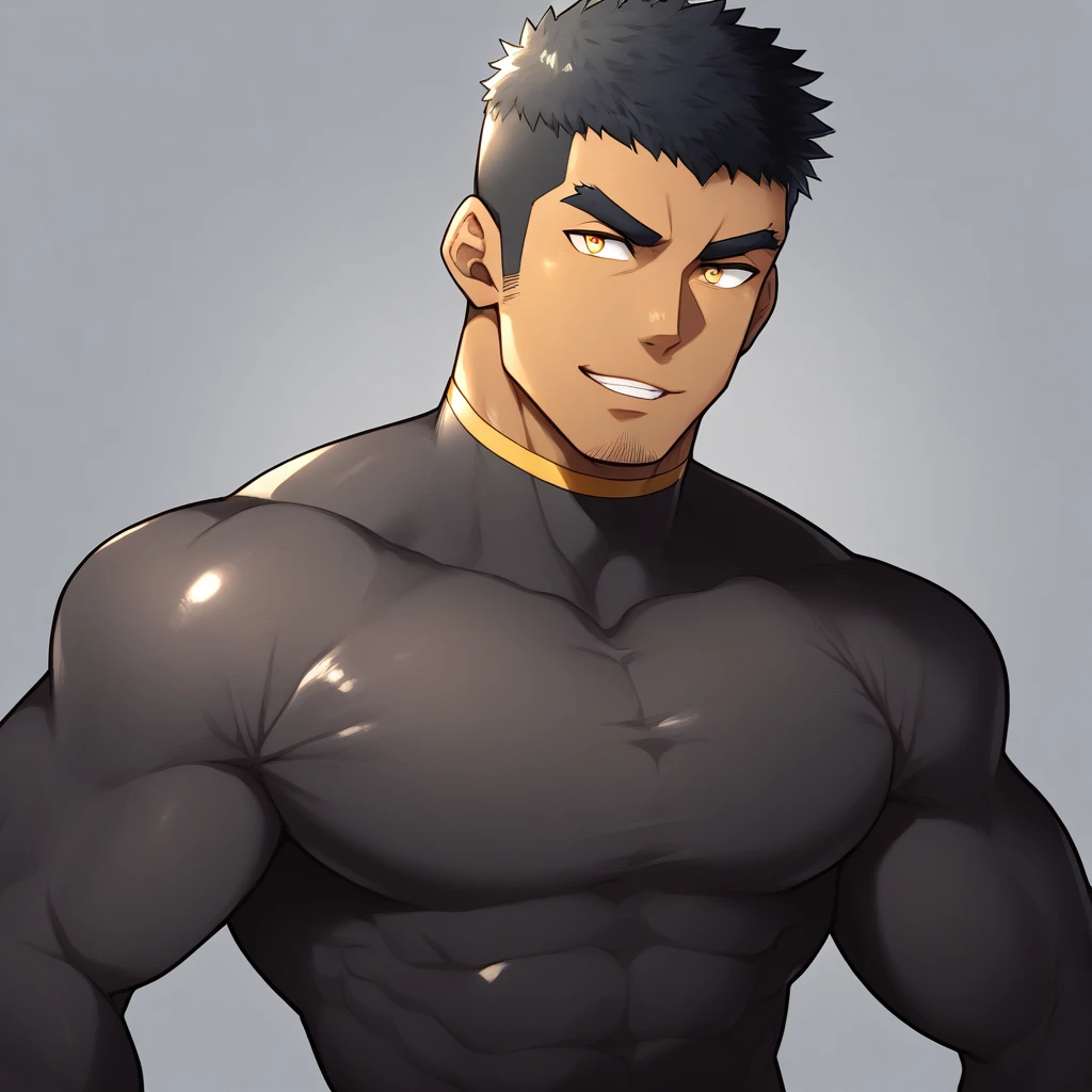 anime characters:Gyee, Muscle Sports Student, negro black skin, 1 dark skin muscular tough guy, Manliness, male focus, Light yellow high collar long sleeve tight T-shirt, Very tight, Round, full and perky chest muscles, Slightly transparent, muscular male, muscular, only, Upper body, alone, Black short hair, Thick eyebrows, stubble, Yellow eyes, Grey background, simple background, amazing quality, best aesthetics, Ridiculous, bright pupils, crew cut, parted lips, seductive smile, torogao, naughty face, drop shadow, best quality