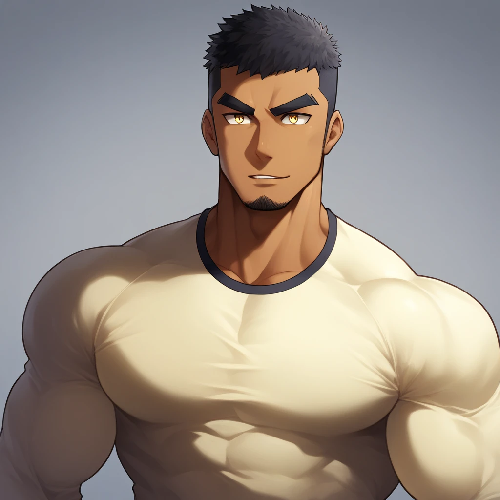 anime characters:Gyee, Muscle Sports Student, negro black skin, 1 dark skin muscular tough guy, Manliness, male focus, Light yellow high collar long sleeve tight T-shirt, Very tight, Round, full and perky chest muscles, Slightly transparent, muscular male, muscular, only, Upper body, alone, Black short hair, Thick eyebrows, stubble, Yellow eyes, Grey background, simple background, amazing quality, best aesthetics, Ridiculous, bright pupils, crew cut, parted lips, seductive smile, torogao, naughty face, drop shadow, best quality