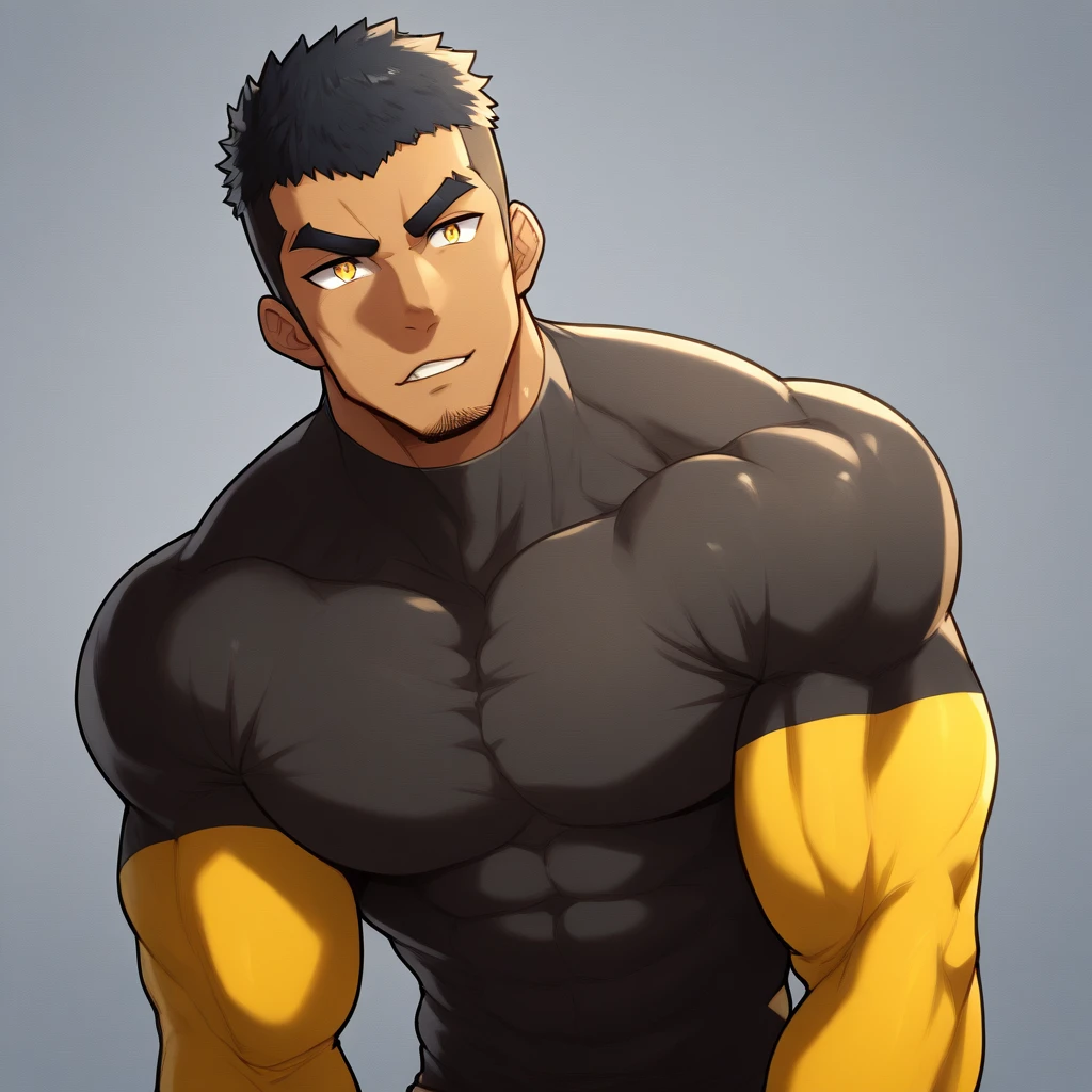 anime characters：Gyee, Muscle Sports Student, negro black skin, 1 dark skin muscular tough guy, Manliness, male focus, Light yellow high collar long sleeve tight T-shirt, Very tight, Round, full and perky chest muscles, Slightly transparent, muscular male, muscular, only, Upper body, alone, Black short hair, Thick eyebrows, stubble, Yellow eyes, Grey background, simple background, amazing quality, best aesthetics, Ridiculous, bright pupils, crew cut, parted lips, seductive smile, torogao, naughty face, drop shadow, best quality