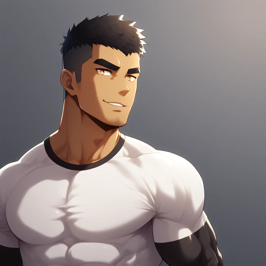 anime characters：Gyee, Muscle Sports Student, ????? black skin, 1 dark skin muscular tough guy, Manliness, male focus, Light yellow high collar long sleeve tight T-shirt, Very tight, Round, full and perky chest muscles, Slightly transparent, muscular male, muscular, only, Upper body, alone, Black short hair, Thick eyebrows, stubble, Yellow eyes, Grey background, simple background, amazing quality, best aesthetics, Ridiculous, bright pupils, crew cut, parted lips, seductive smile, torogao, naughty face, drop shadow, best quality