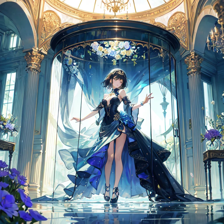 The combination of women and flowers,Colorful,dream,conservatory,(((All are made of glass))),((crystal)),water surface,((Ultra-high detail)),a girl,There are many flowers on the body,dynamic poses,looking into camera,As if he had something to say,best picture
