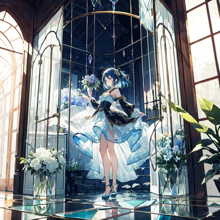 The combination of women and flowers,Colorful,dream,conservatory,(((All are made of glass))),((crystal)),water surface,((Ultra-high detail)),a girl,There are many flowers on the body,dynamic poses,looking into camera,As if he had something to say,best picture