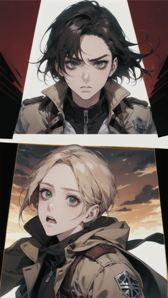 Close-up of a person holding a gun and a knife, Levi Ackerman, Ellen Yeager, Attack on Titanより, Ellen Yeager, portrait of Ellen Yeager, (Attack on Titanアニメ), Attack on Titan, shingeki no kyojin, SNK, Attack on Titan 秘密アート, Attack on Titanアニメスタイル, Official Art