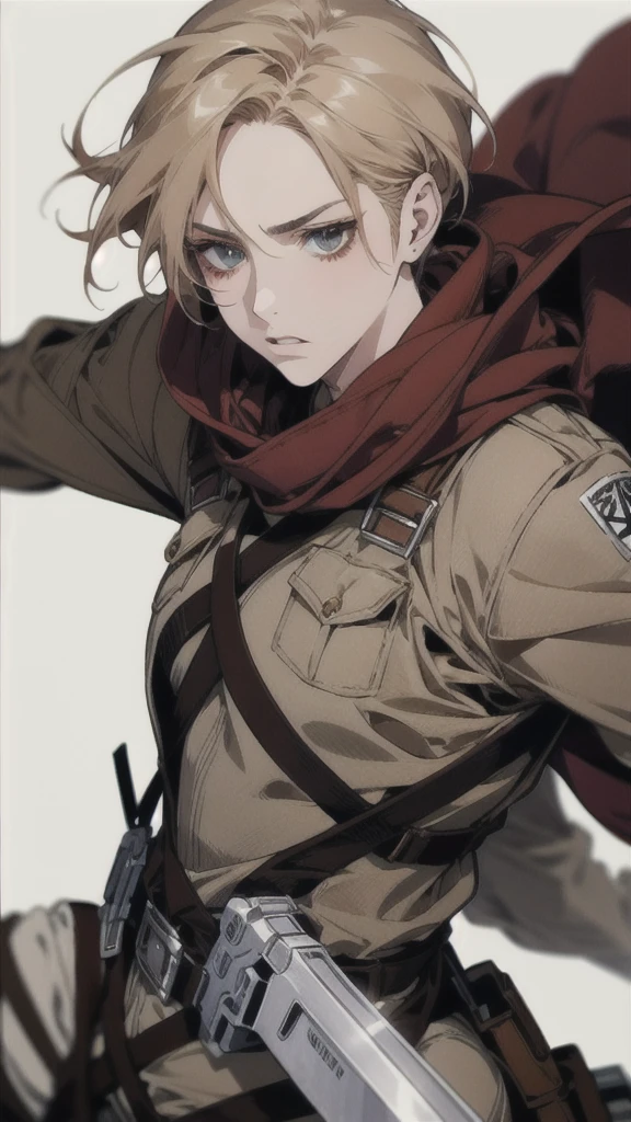 Close-up of a person holding a gun and a knife, Levi Ackerman, Ellen Yeager, Attack on Titanより, Ellen Yeager, portrait of Ellen Yeager, (Attack on Titanアニメ), Attack on Titan, shingeki no kyojin, SNK, Attack on Titan 秘密アート, Attack on Titanアニメスタイル, Official Art