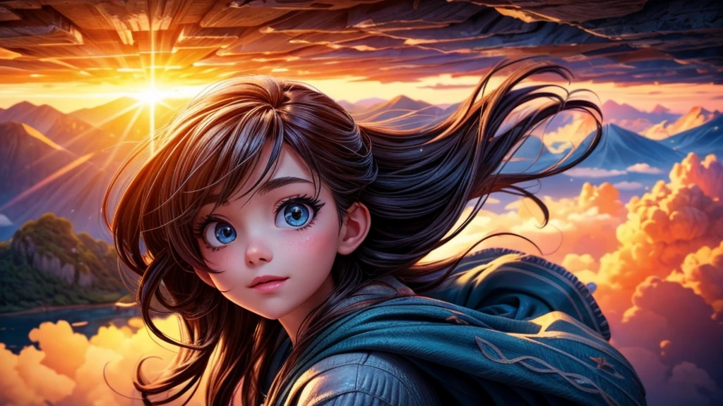 a young girl gazing at the rising sun from the top of a mountain, surrounded by a sea of clouds, glowing sunrise, beautiful detailed eyes, beautiful detailed lips, extremely detailed eyes and face, long eyelashes, serene, peaceful expression, adventurous, windblown hair, flowing dress, sunlight streaming through clouds, dramatic lighting, high resolution, 8k, best quality, photorealistic, masterpiece, vibrant colors, dynamic composition, cinematic atmosphere