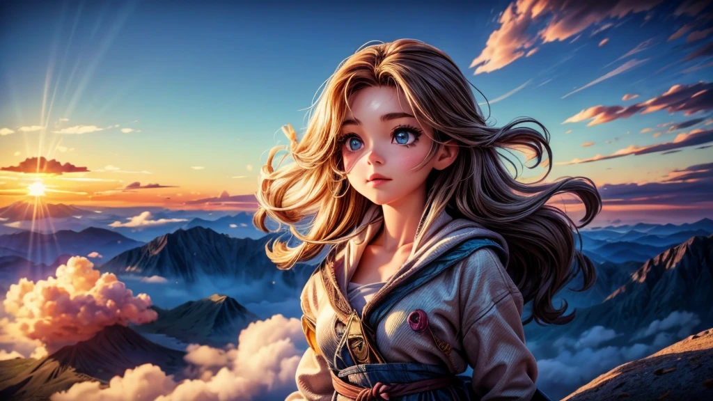 a young girl gazing at the rising sun from the top of a mountain, surrounded by a sea of clouds, glowing sunrise, beautiful detailed eyes, beautiful detailed lips, extremely detailed eyes and face, long eyelashes, serene, peaceful expression, adventurous, windblown hair, flowing dress, sunlight streaming through clouds, dramatic lighting, high resolution, 8k, best quality, photorealistic, masterpiece, vibrant colors, dynamic composition, cinematic atmosphere