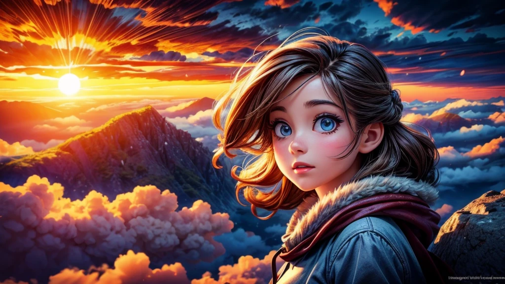 a young girl gazing at the rising sun from the top of a mountain, surrounded by a sea of clouds, glowing sunrise, beautiful detailed eyes, beautiful detailed lips, extremely detailed eyes and face, long eyelashes, serene, peaceful expression, adventurous, windblown hair, flowing dress, sunlight streaming through clouds, dramatic lighting, high resolution, 8k, best quality, photorealistic, masterpiece, vibrant colors, dynamic composition, cinematic atmosphere