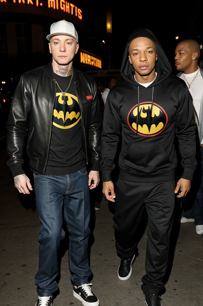Eminem dressed as Robin with Dr Dre dressed as Batman at night