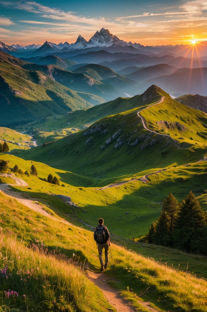 Vision，Mountains，grassland，There is someone on the top of a mountain in the distance，Sunset，Absolutely beautiful，HD，4K，high quality