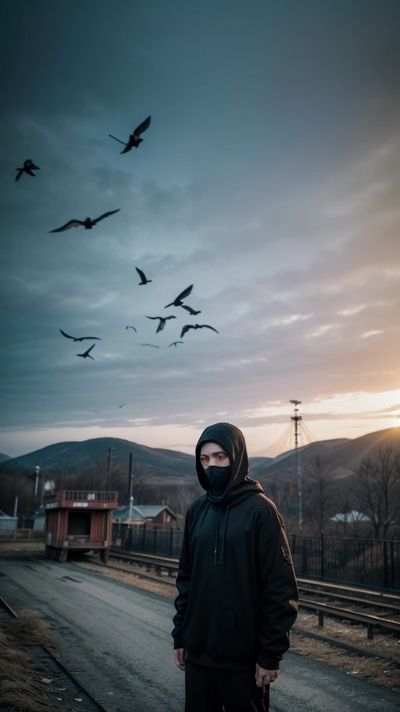 man in loose, lightweight black clothing, wearing a prominently visible balaclava, hanging by one hand from a broken roller coaster track, a flock of birds flying overhead, eerie atmosphere, sense of mystery and solitude, suspenseful mood, viewed from a distance with birds in the foreground, wide-angle lens, soft, diffused lighting