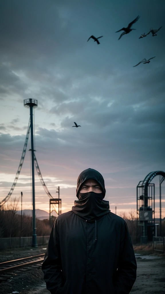 man in loose, lightweight black clothing, wearing a prominently visible balaclava, hanging by one hand from a broken roller coaster track, a flock of birds flying overhead, eerie atmosphere, sense of mystery and solitude, suspenseful mood, viewed from a distance with birds in the foreground, wide-angle lens, soft, diffused lighting