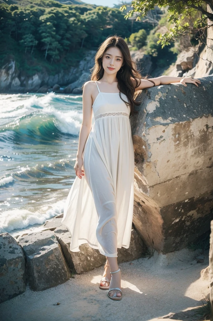 (((best quality))),(((ultra detailed))),(((masterpiece))),illustration,1 girl, solo,slim,flat chest,watching sunrise,standing, seaside,soft light, serene atmosphere,medium straight hair, sparkling blue eyes, fair skin, white sundress, seashell pattern, sandals, cliff edge, azure sea, waves crashing, seagulls soaring, camera in hand, joyful expression, warm sunlight, ethereal presence, peaceful setting,upper body,from front,arms behind back
