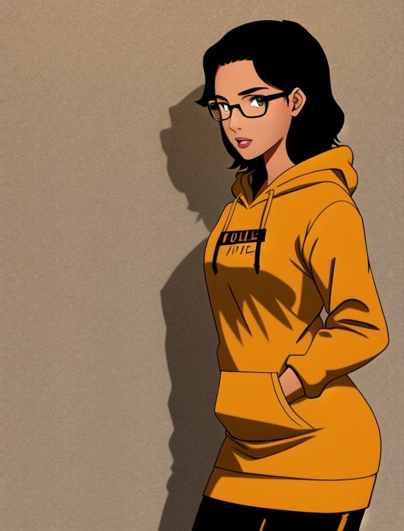 1girl, solo, 20 year old college student, she has tan-bronze skin with some freckles, short black hair with orange highlights, amber colored eyes, (Wearing a yellow hoodie, black pencil skirt and glasses)
