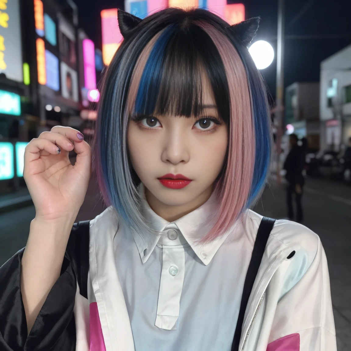 Money, black, Light blue, シルバーとPink Hair、Multicolored Hair、Realistic, High resolution, Heterochromia eyes, small moles under eyes、Bobcut、Blunt bangs、Lucy\(cyber punk\), One Girl, Hair Scrunchie, Hime cut, Silver Hair, Color Chip, full moon, grey eyes, White shirt, blackのネクタイ、blackのショートパンツ、Long sleeve, (Look at the viewers), Medium Hair, Multicolored Hair, Parting of the bangs, Lips parted, Pink Hair, Red eyeliner, Red lips, alone, White jacket, cyber punk\(series\), ネオンが輝くcyber punkシティの雨の夜,From below, yes、On all fours、Connecting