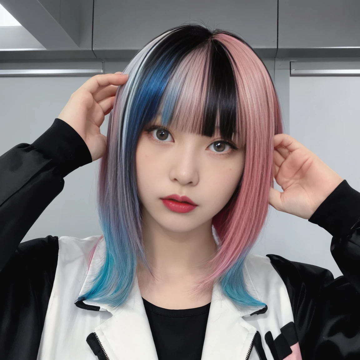 Money, black, Light blue, シルバーとPink Hair、Multicolored Hair、Realistic, High resolution, Heterochromia eyes, small moles under eyes、Bobcut、Blunt bangs、Lucy\(cyber punk\), One Girl, Hair Scrunchie, Hime cut, Silver Hair, Color Chip, full moon, grey eyes, White shirt, blackのネクタイ、blackのショートパンツ、Long sleeve, (Look at the viewers), Medium Hair, Multicolored Hair, Parting of the bangs, Lips parted, Pink Hair, Red eyeliner, Red lips, alone, White jacket, cyber punk\(series\), ネオンが輝くcyber punkシティの雨の夜,From below, yes、On all fours、Connecting