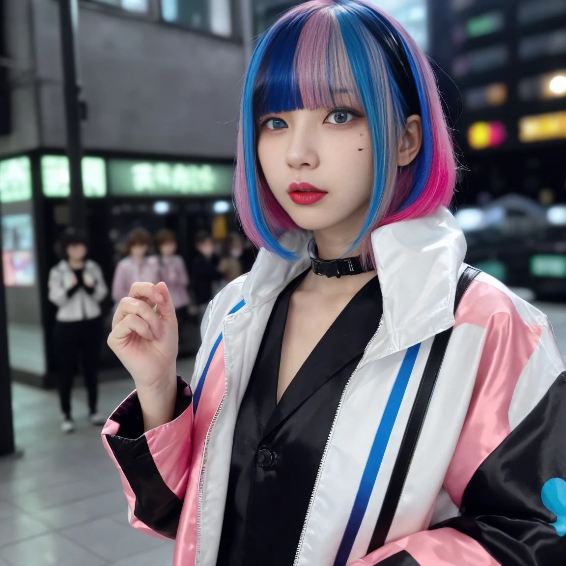 (8k, RAW photo, masterpiece:1.3), (realistic, photo-realistic:1.37), (night), (looking at viewer:1.331), (bloody hair), posing, Tokyo street, nightcityscape, cyberpunk city, soft light, topless girl, extremely beautiful face, bust, put down hands, Random hairstyle, Random expression, big eyes, lower abdomen, (short-sleeved .JK_shirt), JK_style, (dark blue short JK_skirt), (bow JK_tie), mix4., best quality