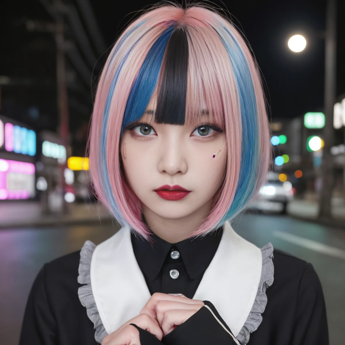 Money, black, Light blue, シルバーとPink Hair、Multicolored Hair、Realistic, High resolution, Heterochromia eyes, small moles under eyes、Bobcut、Blunt bangs、Lucy\(cyber punk\), One Girl, Hair Scrunchie, Hime cut, Silver Hair, Color Chip, full moon, grey eyes, White shirt, blackのネクタイ、blackのショートパンツ、Long sleeve, (Look at the viewers), Medium Hair, Multicolored Hair, Parting of the bangs, Lips parted, Pink Hair, Red eyeliner, Red lips, alone, White jacket, cyber punk\(series\), ネオンが輝くcyber punkシティの雨の夜,From below, yes、On all fours、Connecting