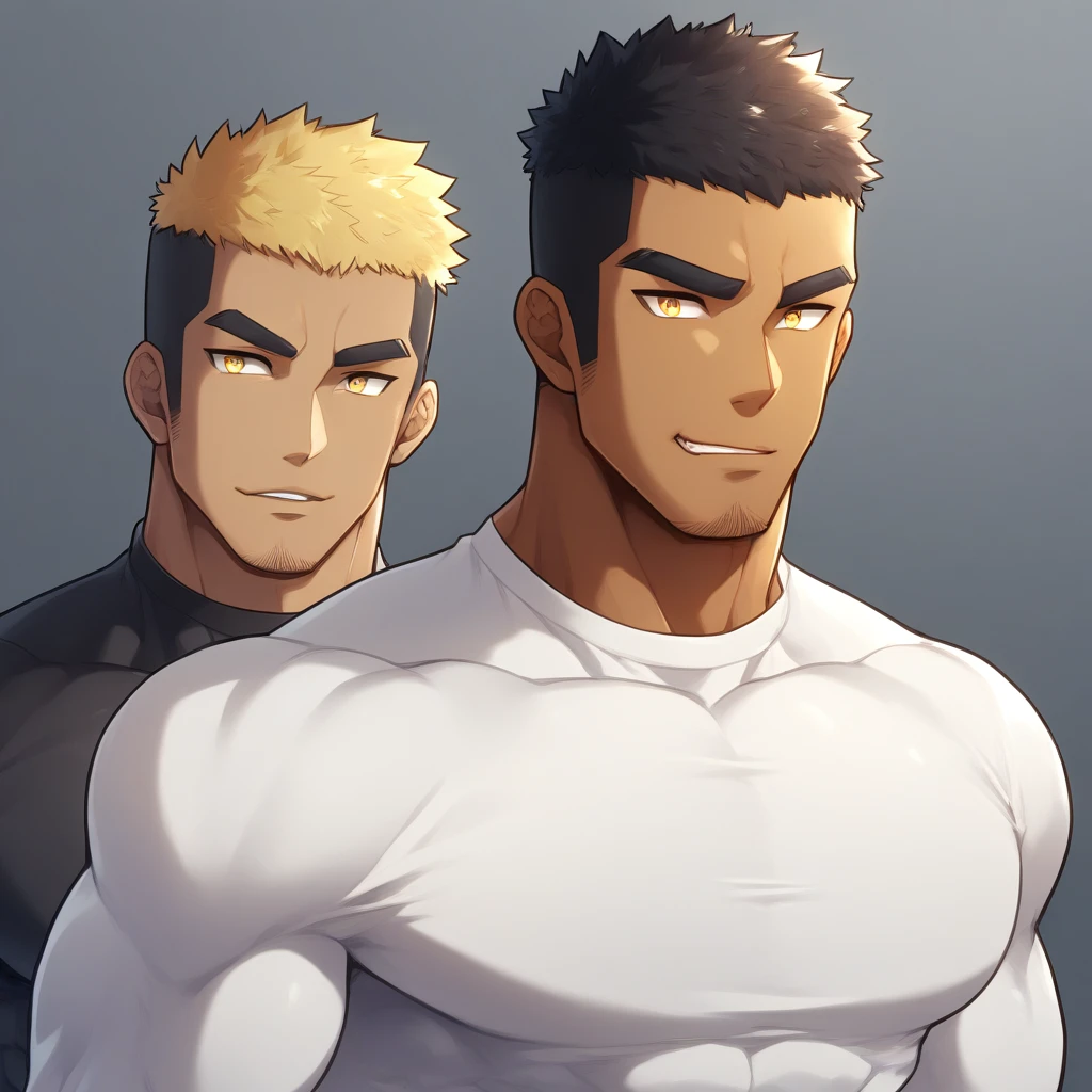 anime characters:Gyee, Muscle Sports Student, negro black skin, 1 dark skin muscular tough guy, Manliness, male focus, Light yellow high collar long sleeve tight T-shirt, Slightly transparent material, Very tight, Round, full and perky chest muscles, Slightly transparent, muscular male, muscular, only, Upper body, alone, Black short hair, Thick eyebrows, stubble, Yellow eyes, Grey background, simple background, amazing quality, best aesthetics, Ridiculous, bright pupils, crew cut, parted lips, seductive smile, torogao, naughty face, drop shadow, best quality