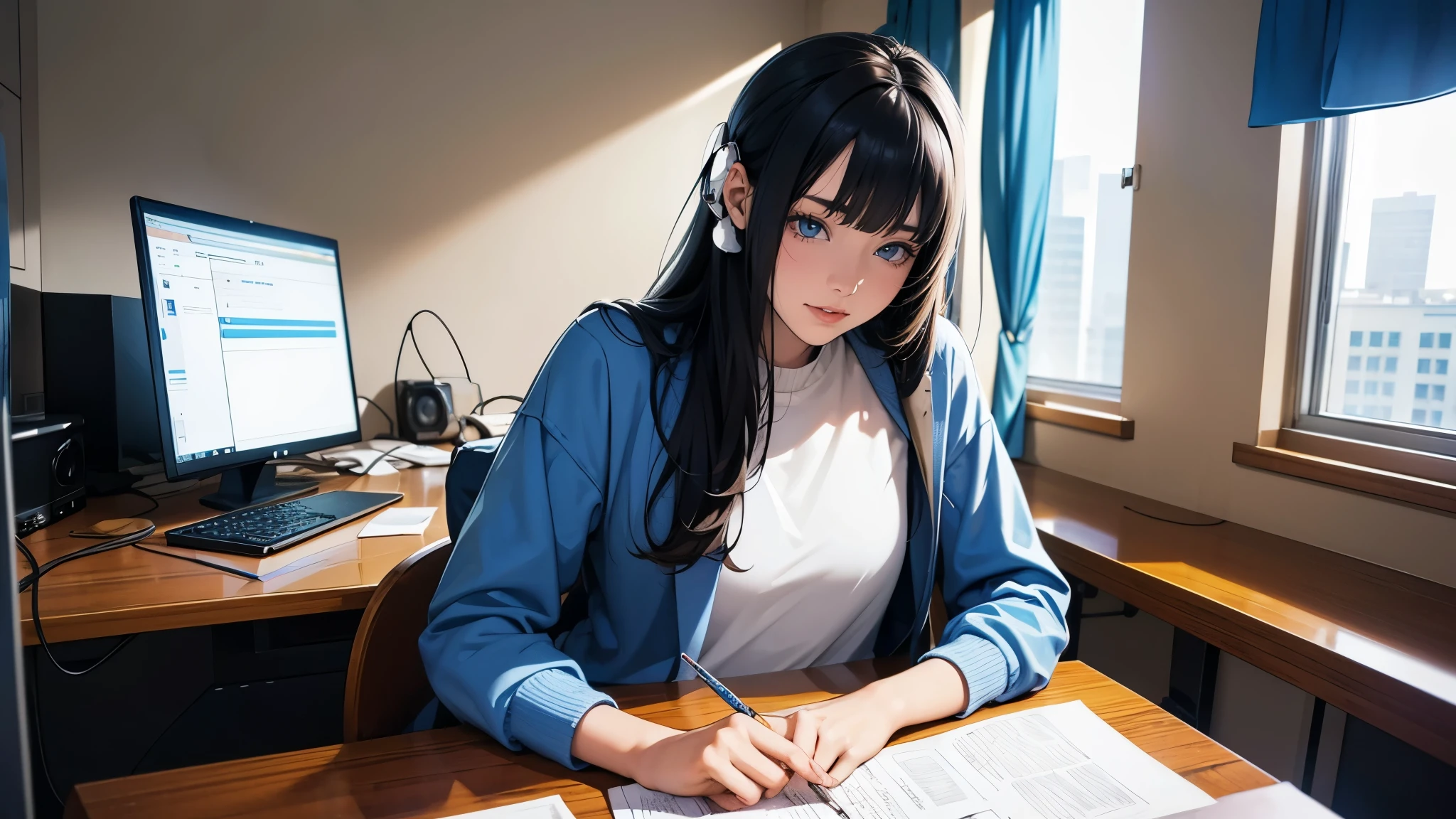 Ultra HD、super high quality、masterpiece、detailed、8K、The place is your room、A high school girl in her room１Person sitting and listening to music on headphones、Studying at a desk、The room is small、15-year-old high school girl、The high school girl is Russian and has long black hair.、Has blue eyes、Has a glamorous figure、The clothes she&#39;s wearing are a camisole, a miniskirt, and knee-high socks.、Or wearing a uniform、Pretty sexy、Lo-Fi images,The background is blurred、Nostalgic and relaxing atmosphere、The decorations are retro.、Late Night、The light is a desk lamp
