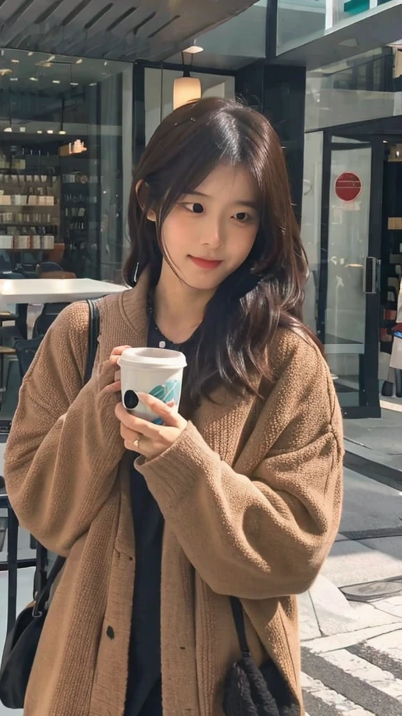 A Japanese girl in her 20s drinking coffee at a stylish cafe 