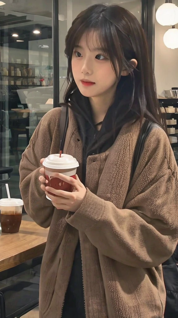 Highest quality,4K,8K,High resolution,Tabletop:1.2),Super detailed,(Realistic,Photorealisticです,Photorealistic:1.37),Beautiful and delicate blue eyes,long black hair in a high bun,detailed red veil,Sharp focus,Professional,Vibrant colors Beautiful woman close-up portrait, like, smile, bright black hair, Perfect dynamic composition, Beautiful and attentive eyes, Like a fashion magazine cover, On campus,holding a starbucks coffee in hand、White knitted clothing、skirt、Black Stockings、I can&#39;t see your face。In the back。
