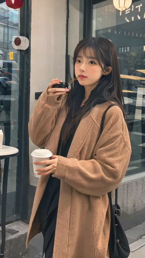A Japanese girl in her 20s drinking coffee at a stylish cafe 