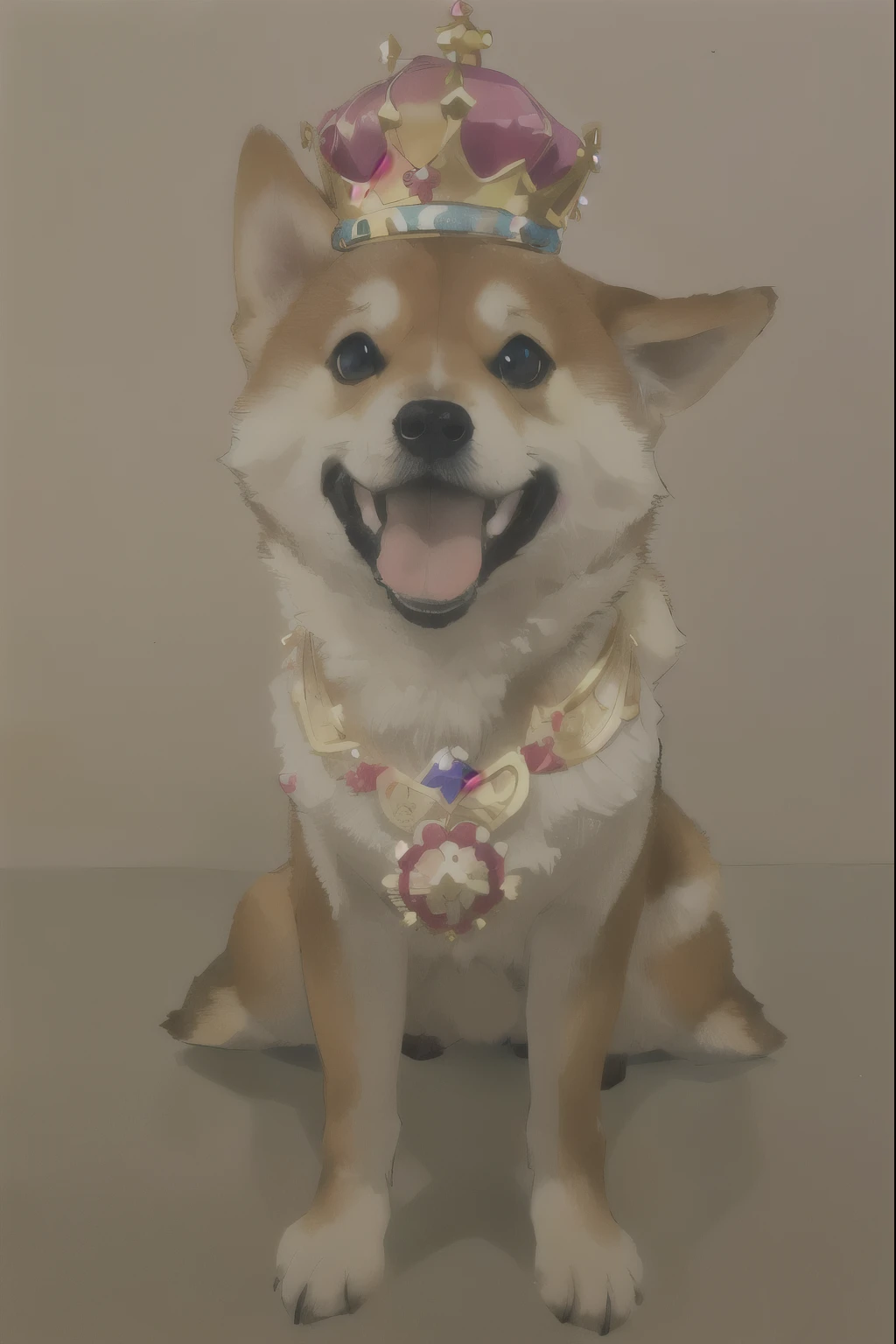 Puppy wearing a crown,Shiba Inu,Smile,cute,Pointed ears,Pastel coloring,Blue gradient background