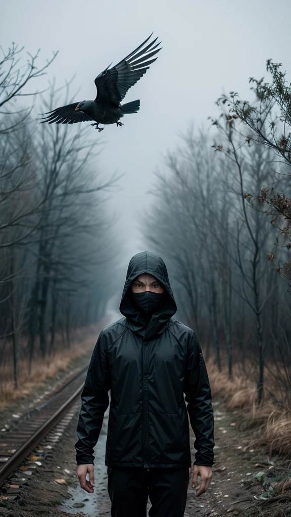 solitary figure in flowing lightweight black garments and a clearly visible balaclava, holding onto a rusted track with one hand, birds circling above, dense fog and overgrown vegetation, foggy ambiance, aura of mystery and loneliness, suspenseful and haunting, seen from below with birds flying, normal lens, ambient diffused light