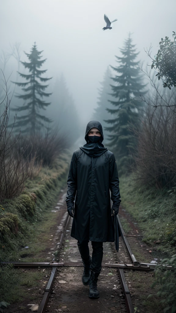 solitary figure in flowing lightweight black garments and a clearly visible balaclava, holding onto a rusted track with one hand, birds circling above, dense fog and overgrown vegetation, foggy ambiance, aura of mystery and loneliness, suspenseful and haunting, seen from below with birds flying, normal lens, ambient diffused light