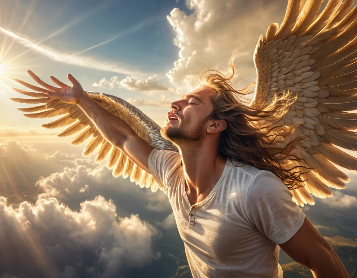 a man flying in the sky, angel, eyes closed, peacefully enjoying the moment, detailed face, long hair, feathered wings, golden glowing aura, sunlight rays, cinematic lighting, dramatic clouds, epic fantasy landscape, intricate details, photorealistic, high resolution, masterpiece,swing his arms,mouth a little open