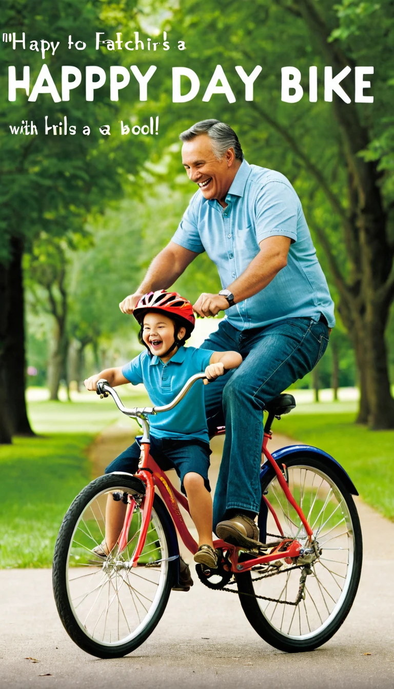 Father Teaching  to Ride a Bike: Card showing a father teaching his  to ride a bike, with "Happy Father's Day" in a bold, cheerful font.