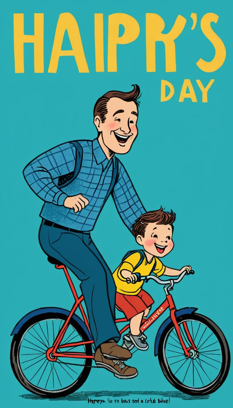 Father Teaching to Ride a Bike: Card showing a father teaching his to ride a bike, with "Happy Father's Day" in a bold, cheerful font.